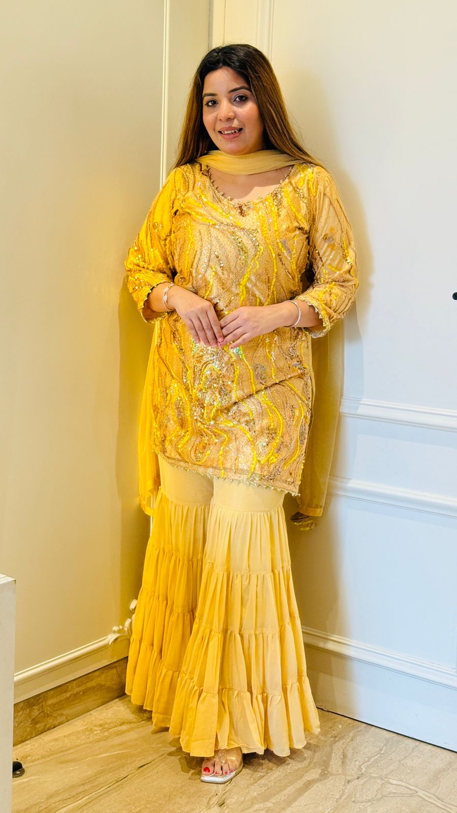 Zehra Sharara Suit Set- Pink, Yellow